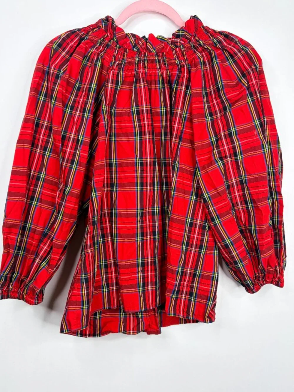 J. Crew Smocked-neck top in Good Tidings Plaid Small #A2853